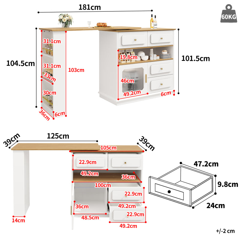 Hochtisch Kücheninsel  Bistro Table (125-181×39×104.5cm) , 360° drehbare Essbar, weiß