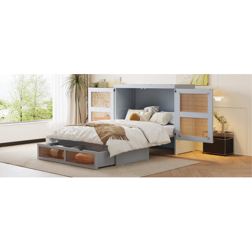 Schrankbett 140 x 200 cm, Wandbett mit Lattenrost, Wandklappbett, Rattan-Design, Holzbetten, Jugendbetten, Einzelbetten, Grau