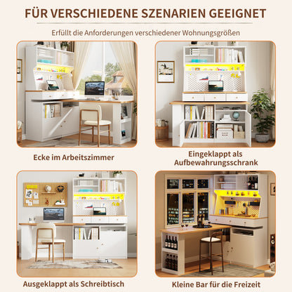 Küchenschrank 137x45x178cm hohes Küchenbuffet mit LED-App-Steuerung, Ausziehbarer Tischplatte & Stecktafel, Mehrzweckschrank MDF Weiß/Holz