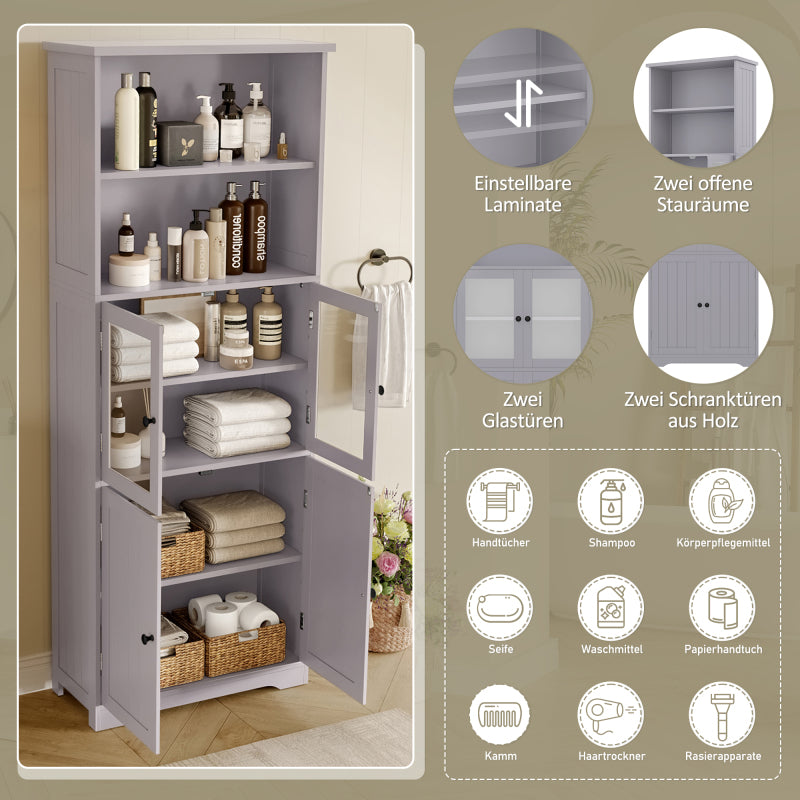 57.5 x 28.5 x 160cm Badezimmer-Hochschrank mit Stauraum, feuchtigkeitsbeständige Farbe, Glasschranktür, Holzschranktür, zwei offene Ablagefächer, verstellbare Trennwände, einfache Textur, Grau