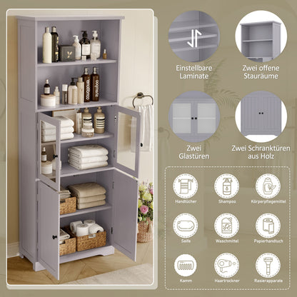 57.5 x 28.5 x 160cm Badezimmer-Hochschrank mit Stauraum, feuchtigkeitsbeständige Farbe, Glasschranktür, Holzschranktür, zwei offene Ablagefächer, verstellbare Trennwände, einfache Textur, Grau