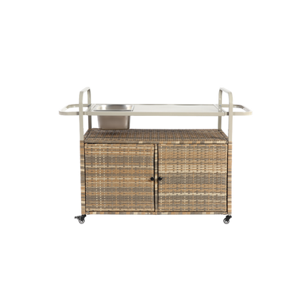 Outdoor Bar Table, Wicker Bar Cart with Cabinet, Patio Serving Cart with steel Top, with one ice bucket,Lockable Wheels, Side Basket for Garden, Poolside & Backyard, Beige