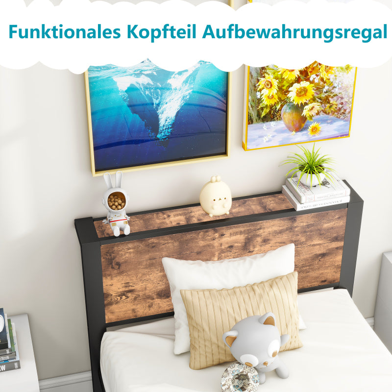 90x200 cm Metallgestell mit Stauraum-Kopfteil, Einzelnes Metall-Plattformbettgestell, Geräuschfrei, Metalluntergestell, Ohne Boxspring Notwendig, Vintage Braun