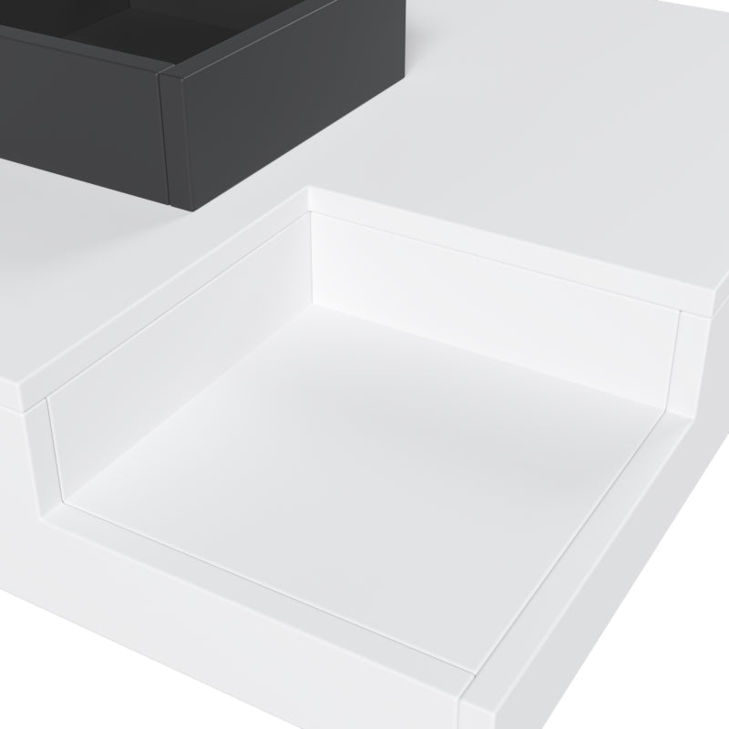 Couchtisch, Hochglanz-Wohnzimmertisch, Beistelltisch mit abnehmbarer Aufbewahrungsbox, Farbblockweiß und Schwarz, 72*72*30 cm, Mit LED-Lichteffekt