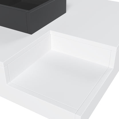 Couchtisch, Hochglanz-Wohnzimmertisch, Beistelltisch mit abnehmbarer Aufbewahrungsbox, Farbblockweiß und Schwarz, 72*72*30 cm, Mit LED-Lichteffekt