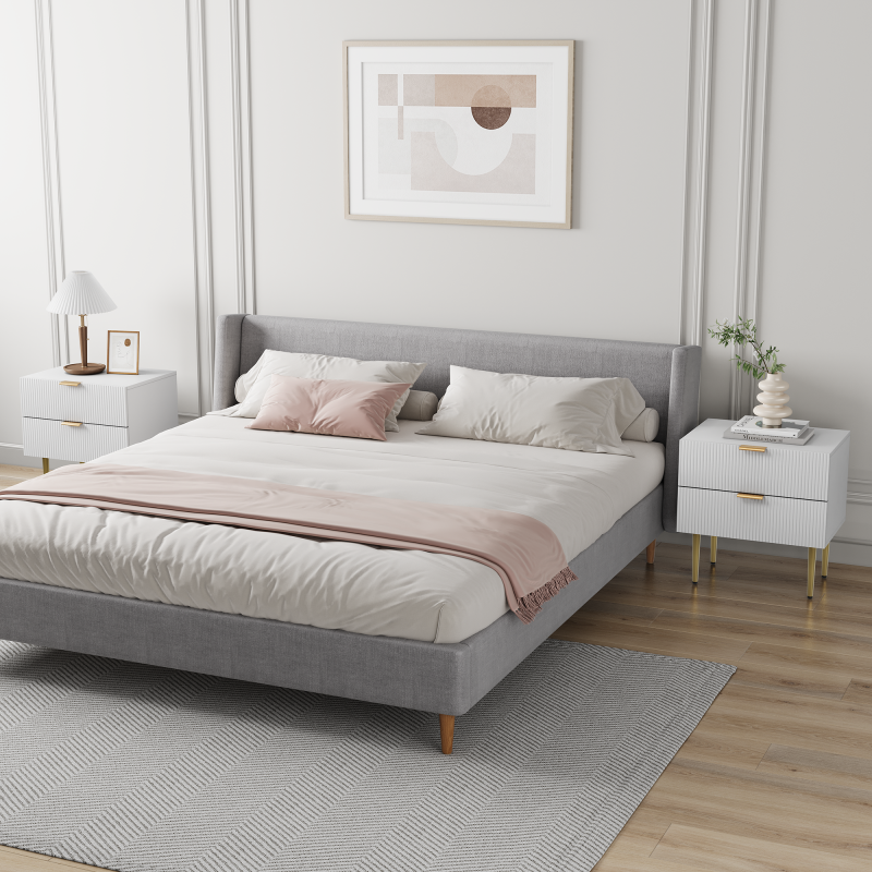 Weißer Nachttisch mit Wellenmuster und 2 Schubladen, Schlafzimmer-Nachttisch, moderner Nachttisch mit Metallbeinen, 1 Stück
