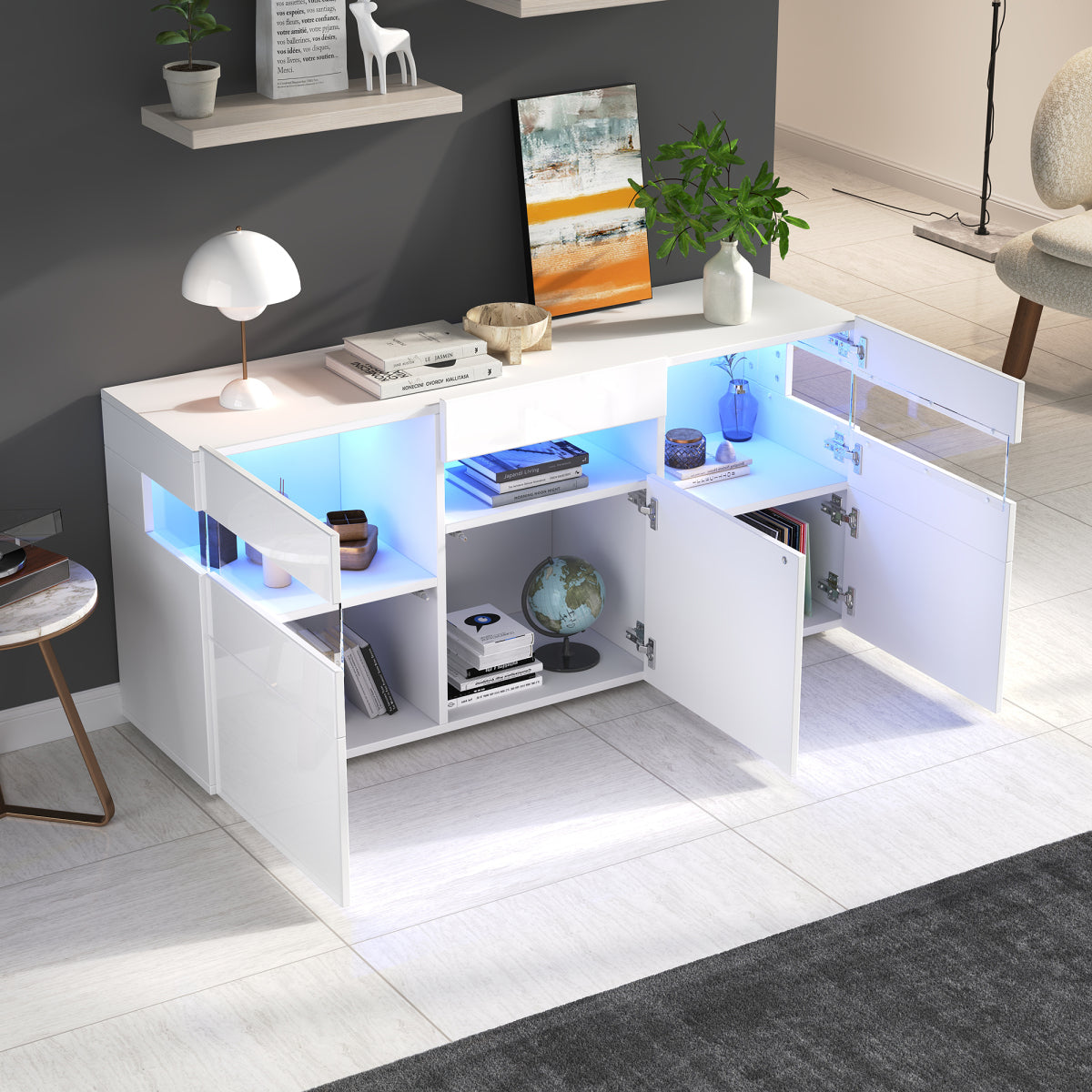 Sideboard 140 cm, Hochglanz Weiß, LED-Beleuchtung (App-Steuerung), 3 Türen