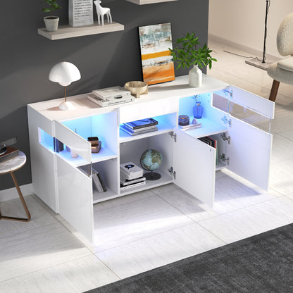 Sideboard 140 cm, Hochglanz Weiß, LED-Beleuchtung (App-Steuerung), 3 Türen