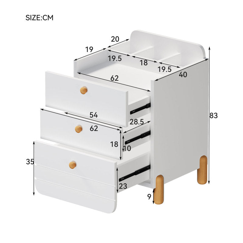 Nachttisch mit 3 Schubladen mit Einlegeböden, Geräuschloses Schubladendesign, Exquisite Holzfarbene Füße, Stauraum im Wohn- und Schlafzimmer, Einzigartige Form und Minimalistisches Design, Weiß