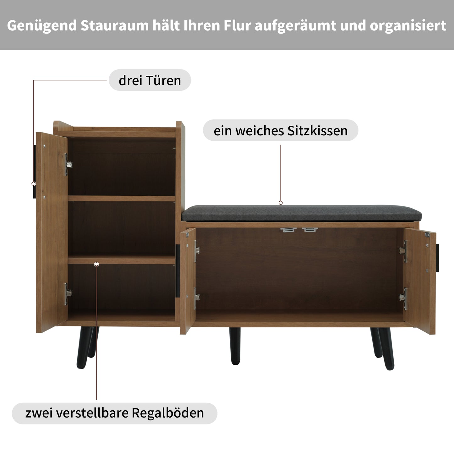 Moderne Schuhbank Schuhtruhe Sitzbank mit drei Stauraum Türen