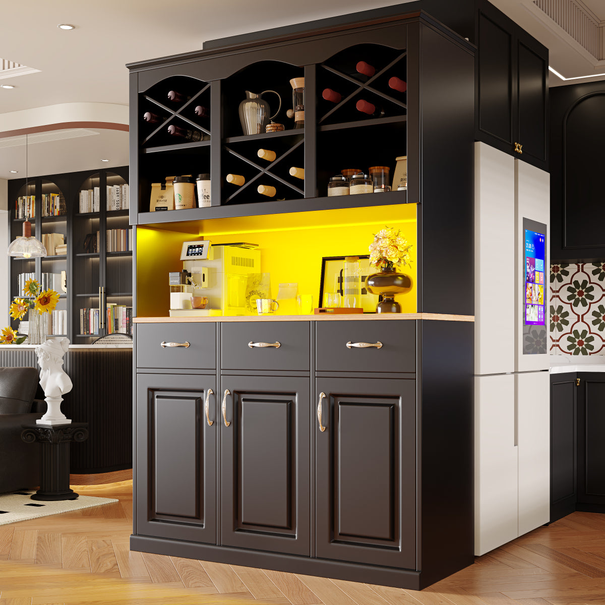 Küchenschrank 120x180cm LED, Hohes Buffet Schwarz, 3 Türen & 3 Schubladen, App-Steuerung, MDF Mehrzweckschrank