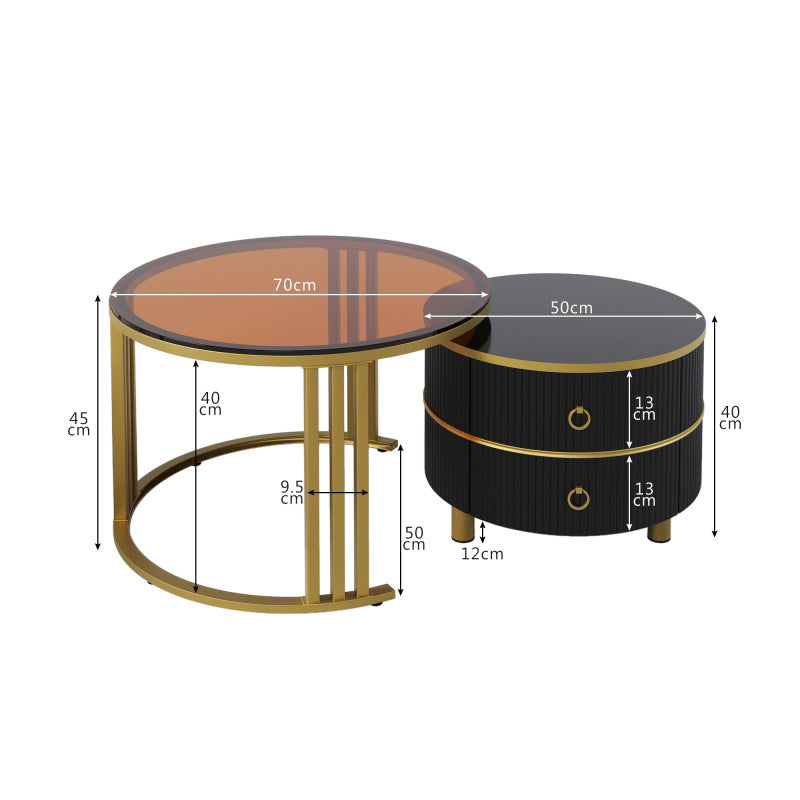 2-in-1 runder MDF-Couchtisch, Beistelltisch mit 1 Hochglanz-Tischplatte und 1 brauner Tischplatte aus gehärtetem Glas, Wohnzimmer-Couchtischkombination mit 2 Schubladen, 70*70*45 + 50*50*40 cm