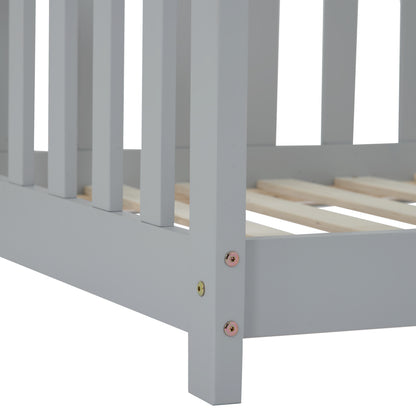 Hausbett 90x200 Grau, Kinderbett mit Rausfallschutz & Lattenrost, Abenteuerbett Kiefer Massivholz