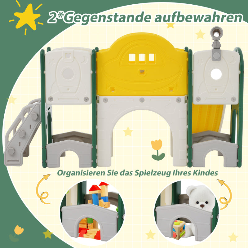 10 in 1 Kinderrutsche Kletterspielzeug, Multifunktionsrutsche Rutschen, freistehende Rutsche, Klettern, Bohrspiel, Stauraum, Spielkorridor, Basketballkorb, Lasso-Spiel, Reißbrett, Golfspiel, Teleskop