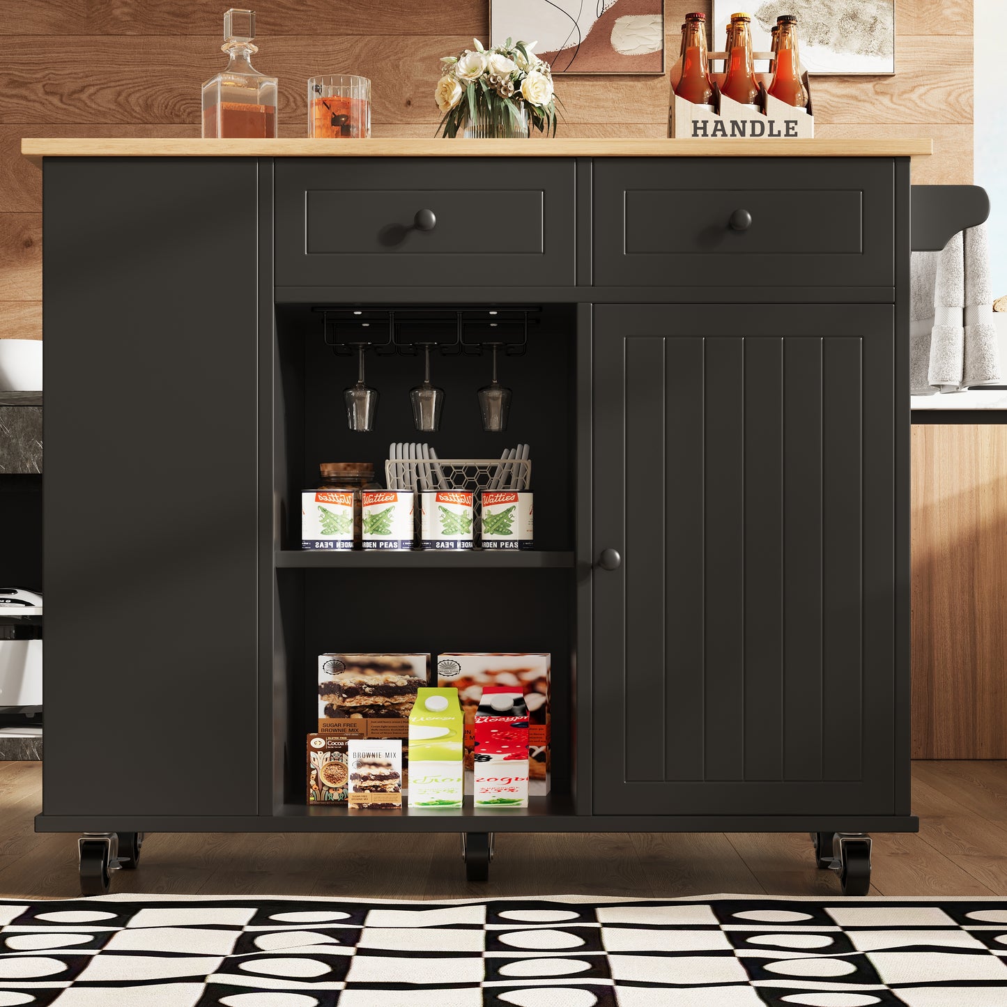 Kücheninsel mit Arbeitsplatte Küchenschrank Schwarz Esszimmerwagen mit Snackhalter und Weinglasregal Buffetschrank Trennwände Holzmaserung