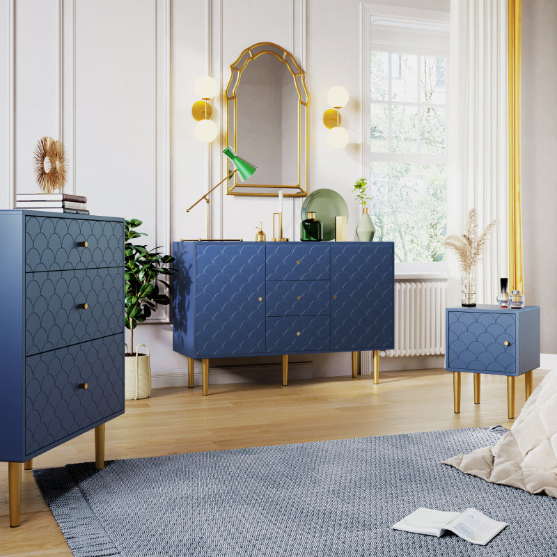 Kommode mit 2 Türen und 3 Schubladen, Verstellbare Ablage, für Wohnzimmer Schlafzimmer, Marineblau-H82/B120/T40 cm