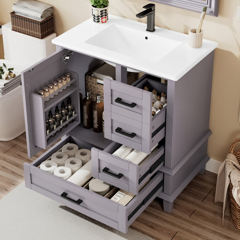 Bodenstehender Badezimmerschrank mit Waschbecken, Waschtisch, komplett lackiert, Türregal, drei geräuschlose Schubladen, integriertes Keramikwaschbecken, Grau