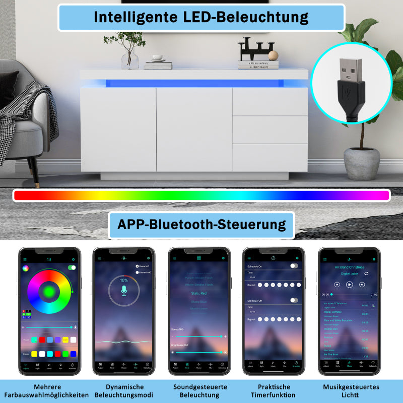 Sideboard Schrank Modern Wohnzimmer Beistellschrank Standschrank Kommode Highboard Anrichte Möbel 2 Türen 3 Schubladen Hochglanz Sideboard mit LED Licht Grifflose 140x35x72.5cm - Weiß