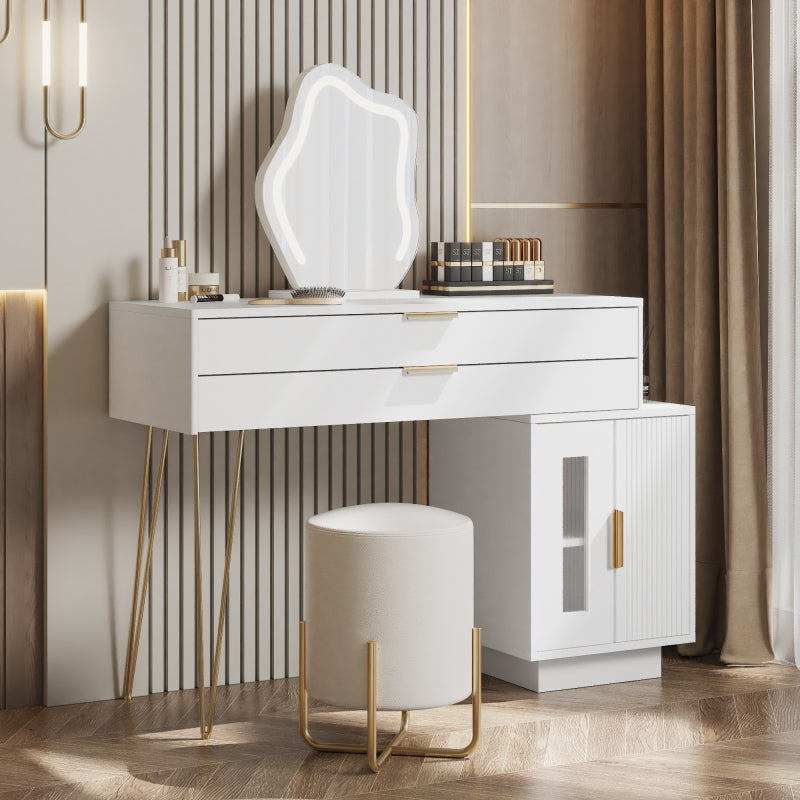 Schminktisch mit LED-beleuchtetem Spiegel, Weißes Schminktisch-Set mit ausziehbarem Design, moderner Kosmetiktisch für das Schlafzimmer  - Maße:B100/H78/T40 cm (ohne Hocker)