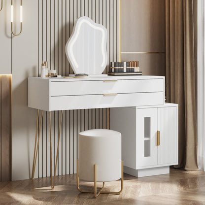 Schminktisch mit LED-beleuchtetem Spiegel, Weißes Schminktisch-Set mit ausziehbarem Design, moderner Kosmetiktisch für das Schlafzimmer  - Maße:B100/H78/T40 cm (ohne Hocker)