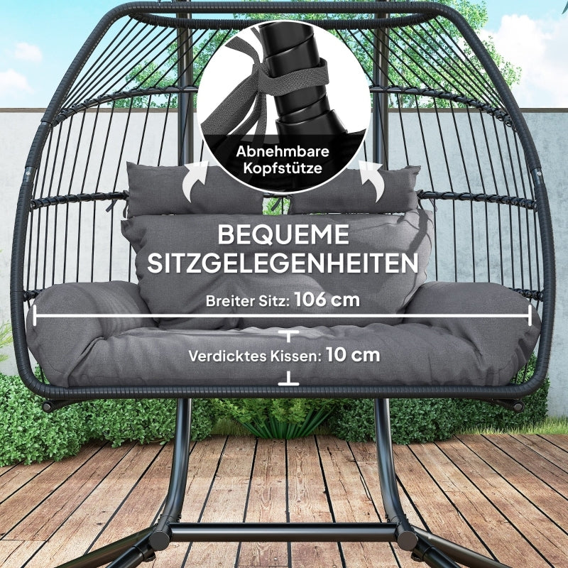 Hängesessel mit Gestell faltbar Hängekorb mit Kissen, Polyrattan, für 2 Personen, belastbar bis 260kg Sessel für Balkon Terrasse, Dunkelgrau