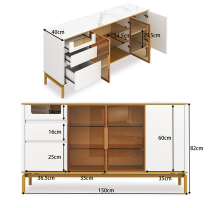 Elegantes Sideboard 150Lx40Bx80H cm, weiß, Arbeitsplatte aus Marmor, goldene Zierleiste - Moderner Stauraumschrank mit Glas- und Holzfächern
