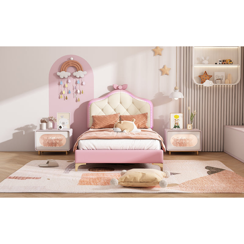Polsterbett, Einzelbett, Wellenform mit Zugpunkt am Kopfende des Bettes, rosa Schleife, mit mehrfarbigen, wechselnden LED-Streifen, Kinderbett mit Holzlatten, Einzelbett, PU, rosa Bettrahmen, 90x200cm