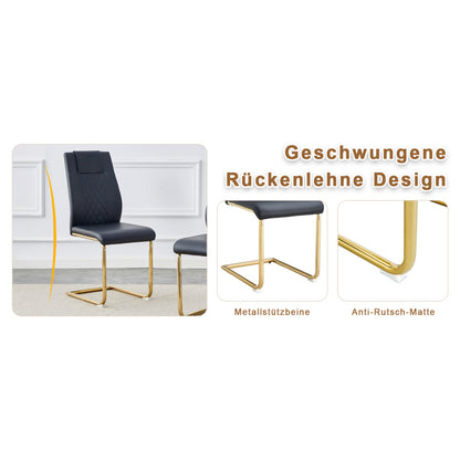 Nordischer Stil schwarzer PU Stuhl (vier Ränge in einem Paket) - Rückenlehne mit diamantförmigem Gitternäht Design, glänzend goldene Metallbeine