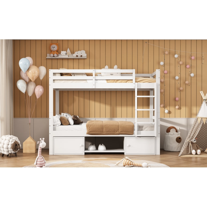 Etagenbett für Kinder, Kinderbett mit Schuhregale und Schließfächer, Bett aufgeteilt in 2 Einzelbetten, Jugendbett, Einzelbett, Weiß, 90x200cm.