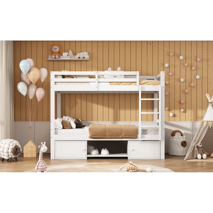 Etagenbett für Kinder, Kinderbett mit Schuhregale und Schließfächer, Bett aufgeteilt in 2 Einzelbetten, Jugendbett, Einzelbett, Weiß, 90x200cm.