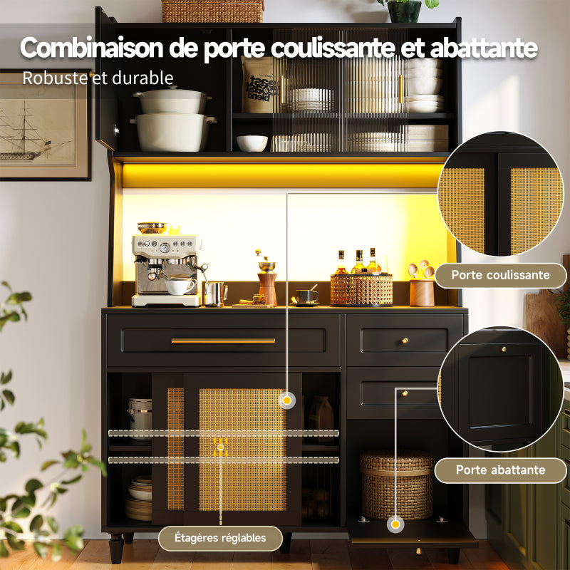 Küchenschrank, Esszimmerschrank mit 3 Schubladen,Sideboard mit LED-Beleuchtung, PE-rattan, schwarz