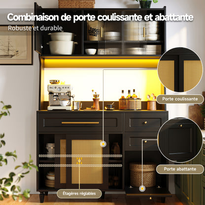 Küchenschrank, Esszimmerschrank mit 3 Schubladen,Sideboard mit LED-Beleuchtung, PE-rattan, schwarz