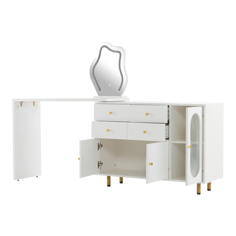 Schminktisch, Kosmetiktisch-Set mit Spiegel und Beleuchtung, ausziehbare Tischplatte, links-rechts wechselbar, 3-farbige LED-Beleuchtung, Maße: B100/H74.5/T40 cm (ohne Hocker)