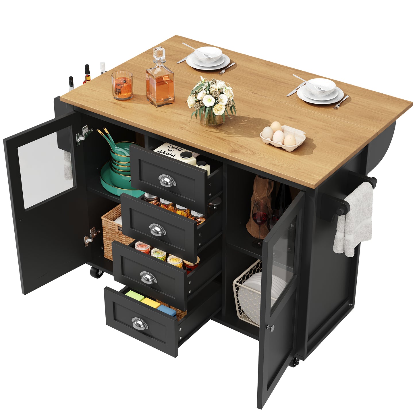 Kücheninsel Küchenwagen auf Rollen 120x73x93cm ausziehbarer Küchenschrank Buffetschrank mit Gewürzregal Handtuchhalter 2 Türen 4 Schubladen Schwarz
