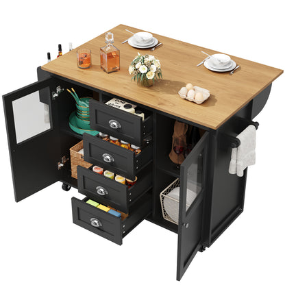 Kücheninsel Küchenwagen auf Rollen 120x73x93cm ausziehbarer Küchenschrank Buffetschrank mit Gewürzregal Handtuchhalter 2 Türen 4 Schubladen Schwarz