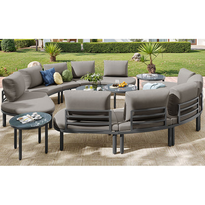 Gartenmöbel-Set (10 Sitzplätze), 4 Couchtische aus gehärtetem Glas, verzinkter Eisenrahmen, bequeme Gartenmöbel mit grauen Sitzpolstern und Kissen, verstellbare Beine, elegantes rundes Sofa