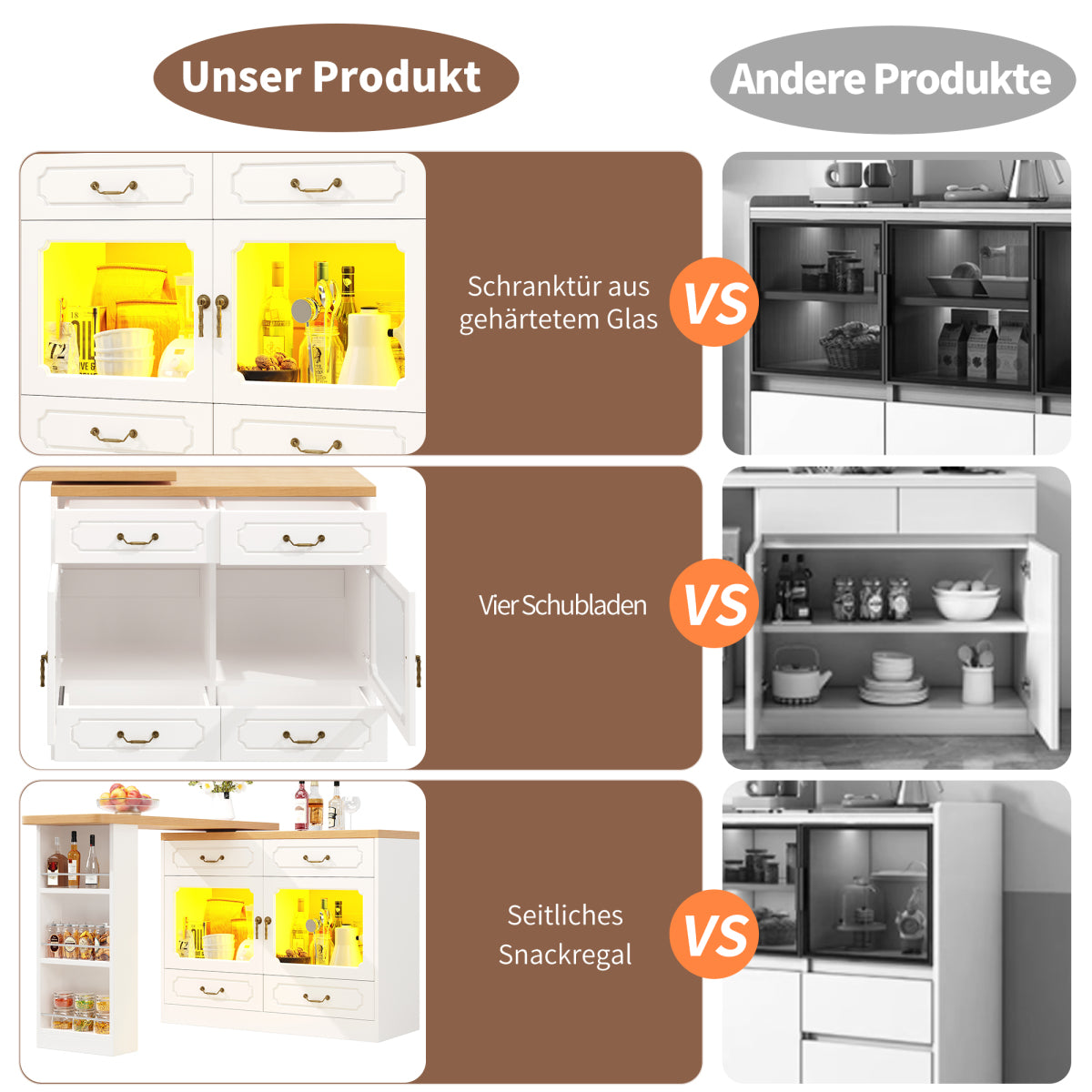 Bartisch ausziehbar 135-203cm, 360° drehbarer Stehtisch mit App-LED-Steuerung & Musik-Modus, Weißer Hochtisch mit 4 Schubladen & Regal