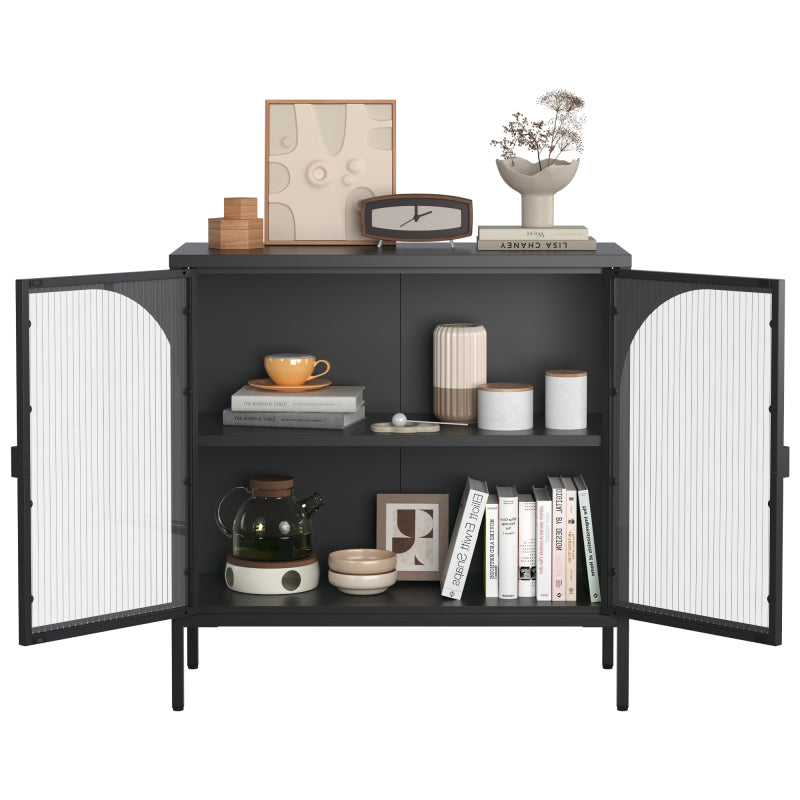 Metallseitenbrett-Schrank, Akzent-Speicherschrank mit 2 Glasklappen, Moderner Kaffebar-Schrank mit Einstellbaren Regalen für Küche, Wohnzimmer und Flur, eisenhaltig, H80cm×B80cm×T35cm