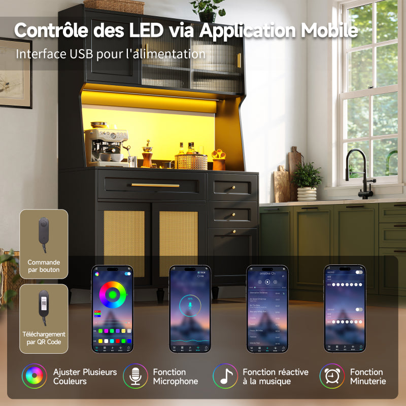 Küchenschrank, Esszimmerschrank mit 3 Schubladen,Sideboard mit LED-Beleuchtung, PE-rattan, schwarz