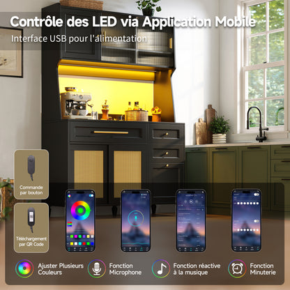 Küchenschrank, Esszimmerschrank mit 3 Schubladen,Sideboard mit LED-Beleuchtung, PE-rattan, schwarz