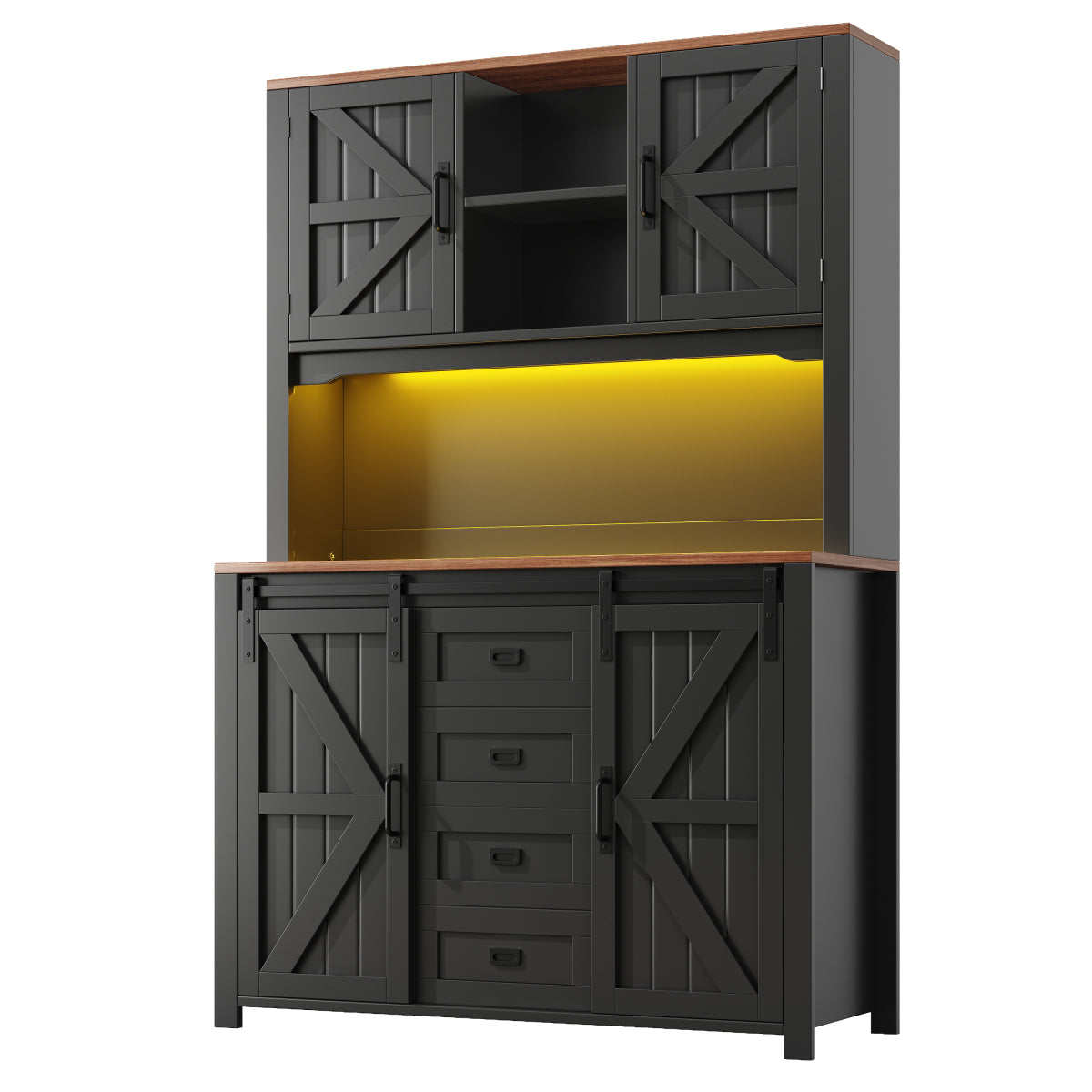 Küchenschrank 115x40x174,7cm hohes Sideboard Schwarz mit App-LED-Beleuchtung, X-Design Schiebetüren, 2 Schubladen & Magnetklappen