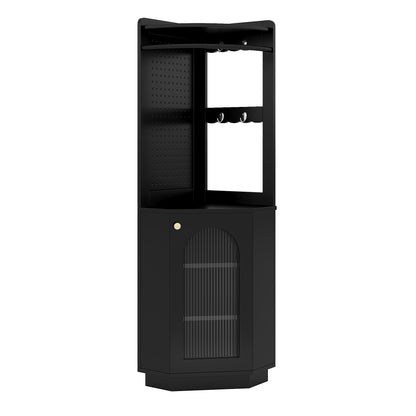 Badschrank mit Lichtleiste, Badmöbel, Eckschrank mit Staufach, offenes Fach mit Haken, mit verstellbaren Einlegeböden, 45 x 45 x 166,6 cm, schwarz