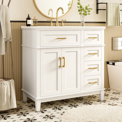 Badezimmer-Unterschrank 90×46×87 cm, weiß lackiert, Keramikwaschbecken, leise Schubladendämpfung, Massivholzbeine, viel Stauraum, goldene Griffe