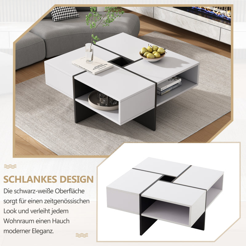 Moderner quadratischer Couchtisch 70x70x35cm – Schwarz-Weiß Design, 5 offene Fächer, mittleres Staufach 10x10cm, stabiler 30KG Tragkraft,Weißer quadratischer Couchtisch