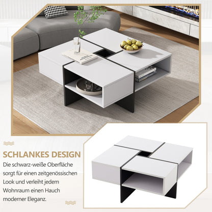 Moderner quadratischer Couchtisch 70x70x35cm – Schwarz-Weiß Design, 5 offene Fächer, mittleres Staufach 10x10cm, stabiler 30KG Tragkraft,Weißer quadratischer Couchtisch