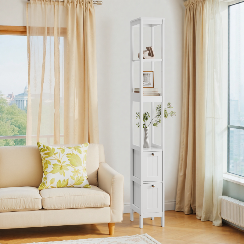 Schmaler Hochschrank, Badezimmerschrank mit 2 Schubladen und 3 Einlegeböden, 20Lx30Bx160Hcm, Weiß