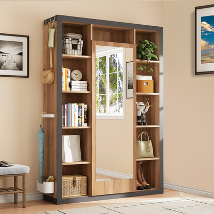Garderobengestell mit Spiegel, Multifunktions Garderobe und Vitrine, Bücherregal Kombination mit Abtropfschale, Haken und Kleiderbügeln