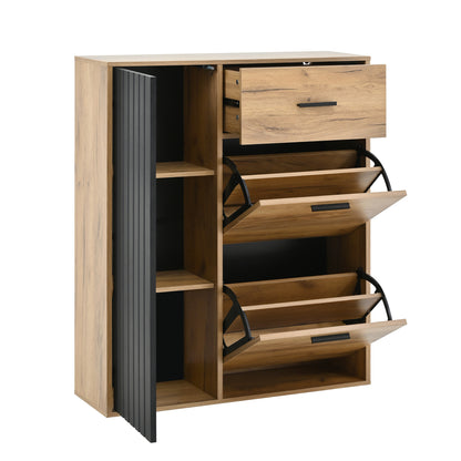 Schuhschrank Schwarz/Natur 80x24x95,5 cm mit 2 Klappen, 1 Tür & Schublade, verstellbare Regale, moderne Griffe