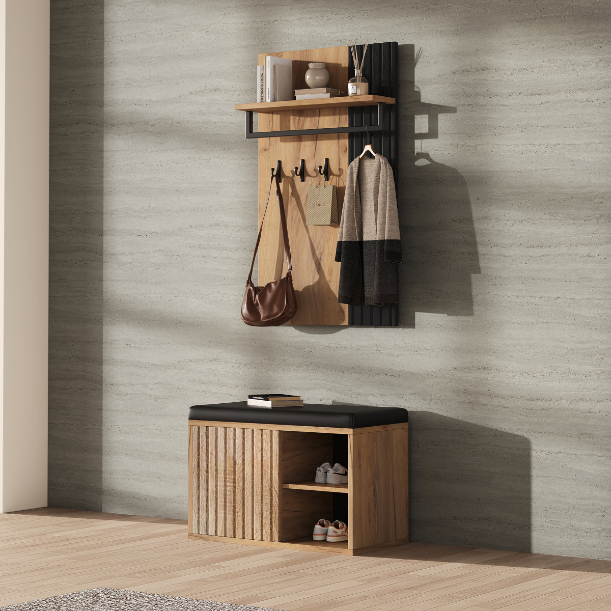 Schuhbank mit Garderobe & 3 Haken, Schuhschrank mit 2 Türen und Sitzbank, Flurmöbel aus Spanplatte, Schwarz/Natur, B70×T36×H146 cm