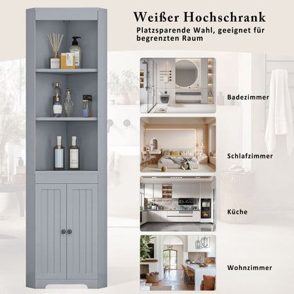 Badezimmer-Hochschrank, Drei offene Ablagefächer, Feuchtigkeitsgeschützte Flügeltüren, Verschiebbare Einlegeböden, Schlichte Form, grau